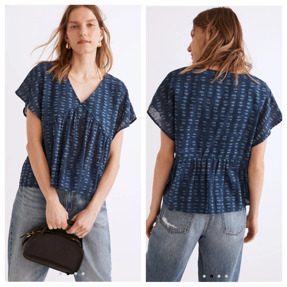 NWT MADEWELL Shirred Top In Indigo Blockprint Women’s XS